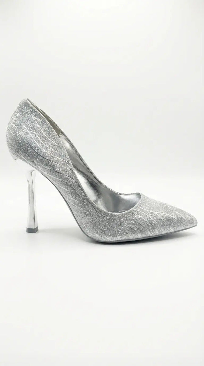 Zapato Mujer Stiletto Plateado Brillante Taco 10 Alto Fiesta