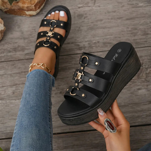 Sandalia Mujer Negra Plataforma Taco Liviana Playa 5cm