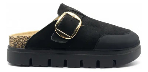 Zueco Mule Mujer Sandalia Negro Hebilla Grande Plataforma