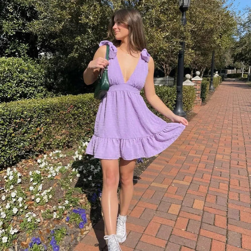Vestido Mujer Corto Lila Acampanado Verano Casual Elegante