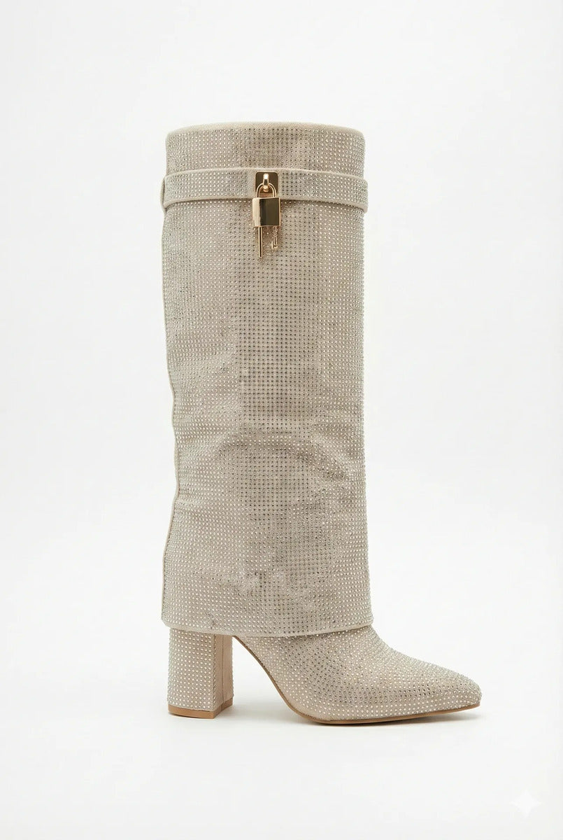 Botin Mujer Bota Dorado Brillo Bucanera Larga Tacon Original