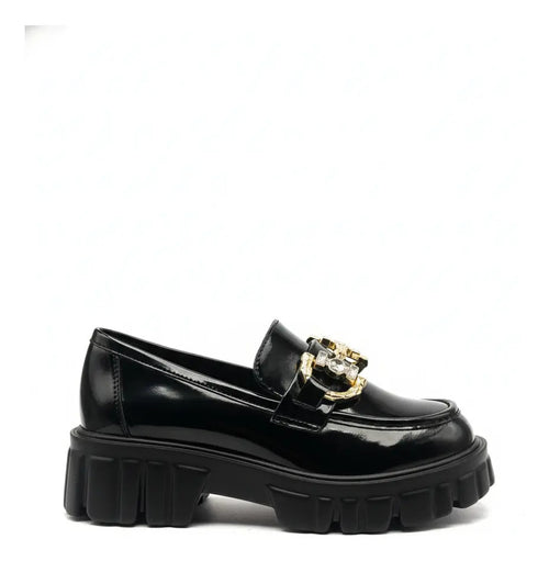 Mocasín Mujer Negro Charol Plataforma Brillante Alta Oficina