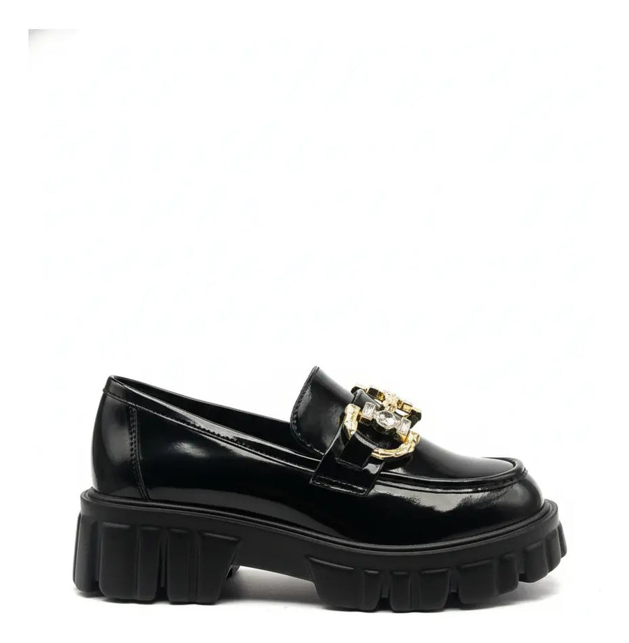 Mocasín Mujer Negro Charol Plataforma Brillante Alta Oficina