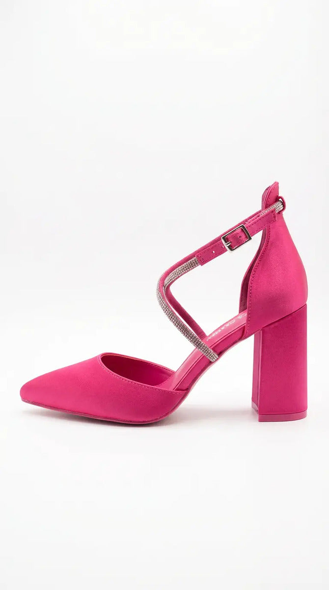 Zapato Mujer Fucsia Taco Ancho Punta Fina Fiesta Elegante
