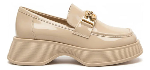 Zapato Mocasin Mujer Beige Plataforma Chunky Casual