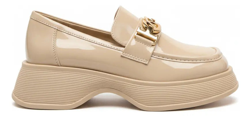 Zapato Mocasin Mujer Beige Plataforma Chunky Casual