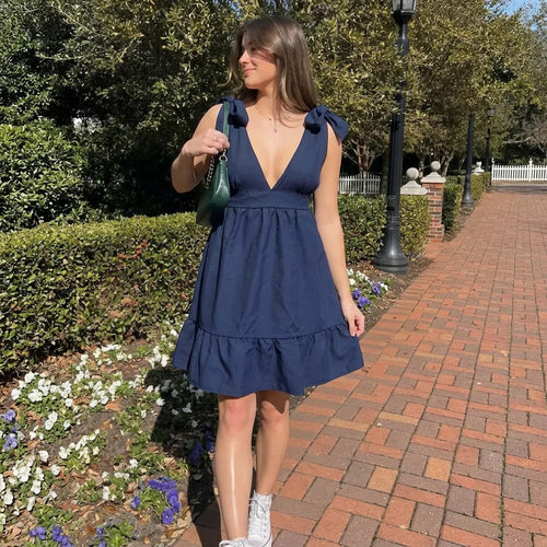 Vestido Corto Mujer Azul Verano Lino Escote Acampanado Cute