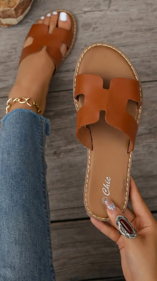 Sandalia Mujer Chala Mule Plana Verano Camel Tira H Playa