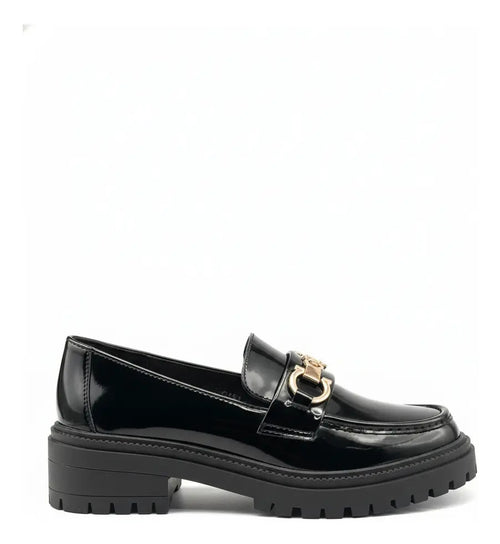 Mocasín Mujer Charol Plataforma Negro Cadena Dorada Chunky