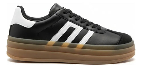 Zapatilla Urbana Mujer Negra Plataforma Rayas Blancas Casual