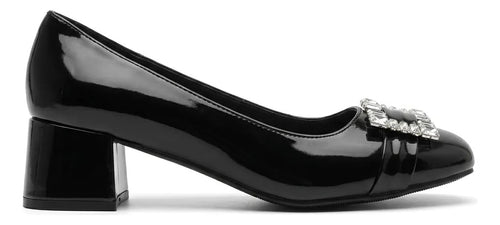 Zapato Mujer Charol Mocasin Negro Taco Bajo Hebilla Joya