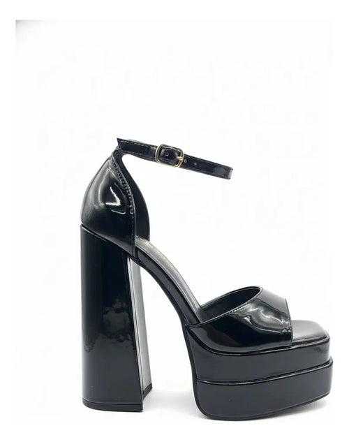 Tacon Sandalia Plataforma Negra Charol Con Taco Alto Ancho