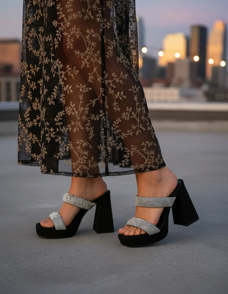 Sandalia Mujer Plataforma Taco Ancho Brillos Negra Elegante
