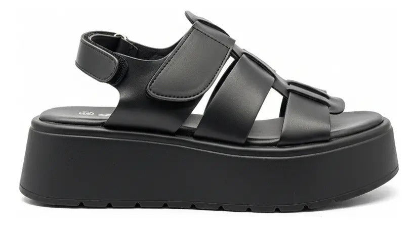 Sandalia Plataforma Negra Mujer Cómoda Con Velcro