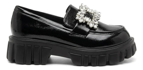 Mocasín Mujer Zapato Charol Negro Plataforma Hebilla Liviana