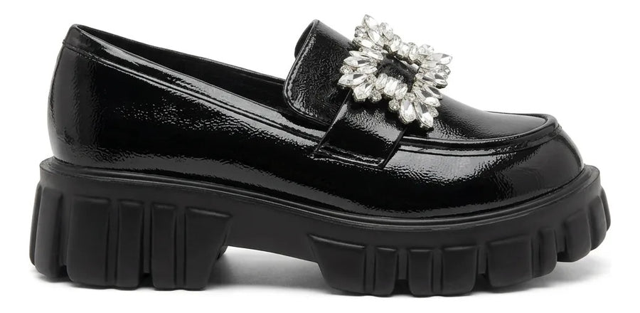 Mocasín Mujer Zapato Charol Negro Plataforma Hebilla Liviana
