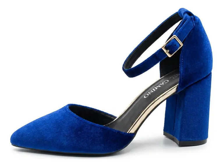 Zapato Mujer Azul Taco Alto Grueso Ancho Terciopelo Fiesta