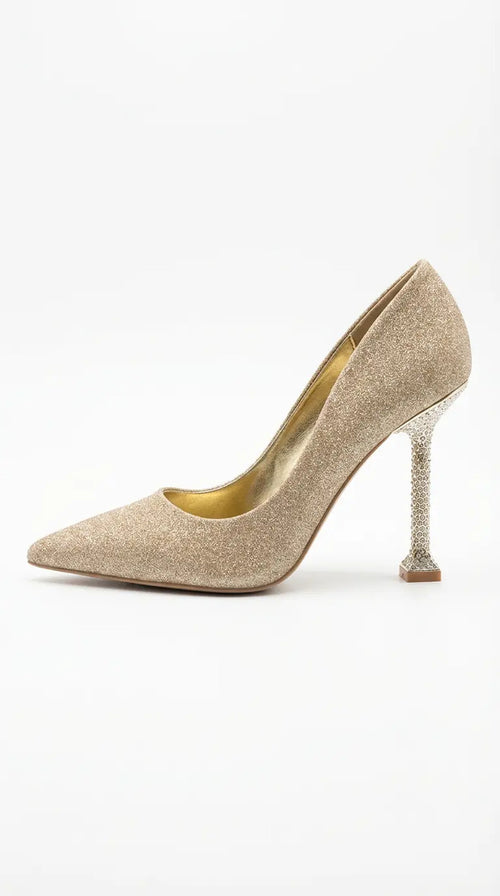 Zapato Mujer Stiletto Dorado Fiesta Taco Alto Brillos 10 Cm
