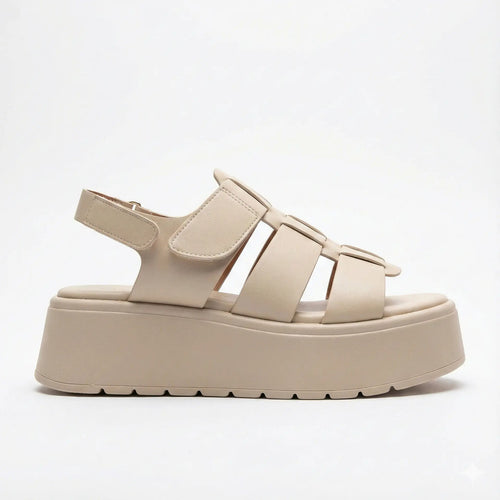 Sandalia Mujer Plataforma Tiras Anchas Velcro Beige Verano