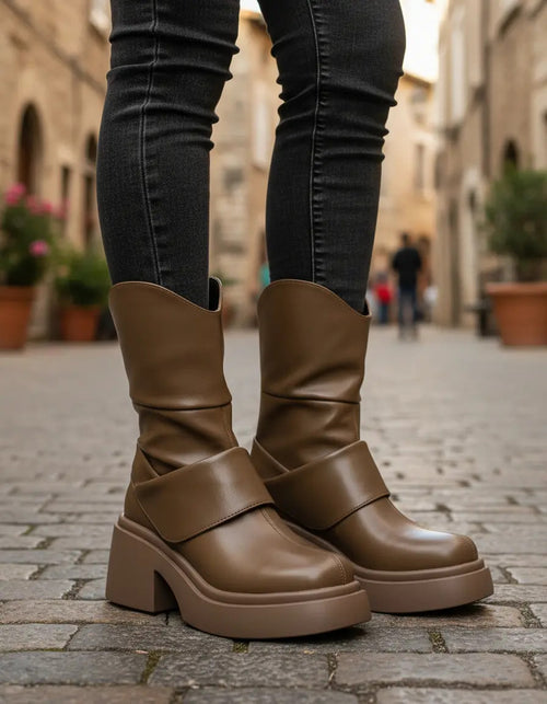 Bota Mujer Café Plataforma Alta Taco Ancho Chunky Botin