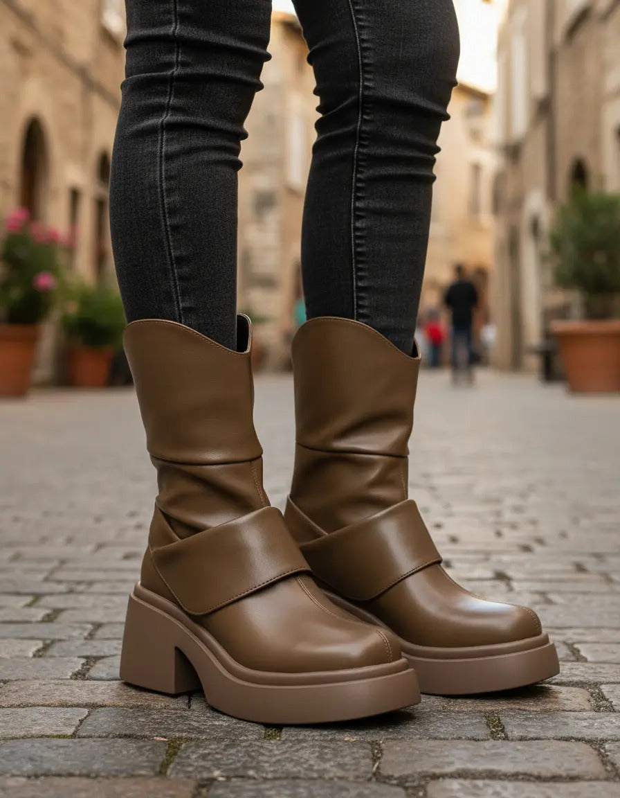Bota Mujer Café Plataforma Alta Taco Ancho Chunky Botin